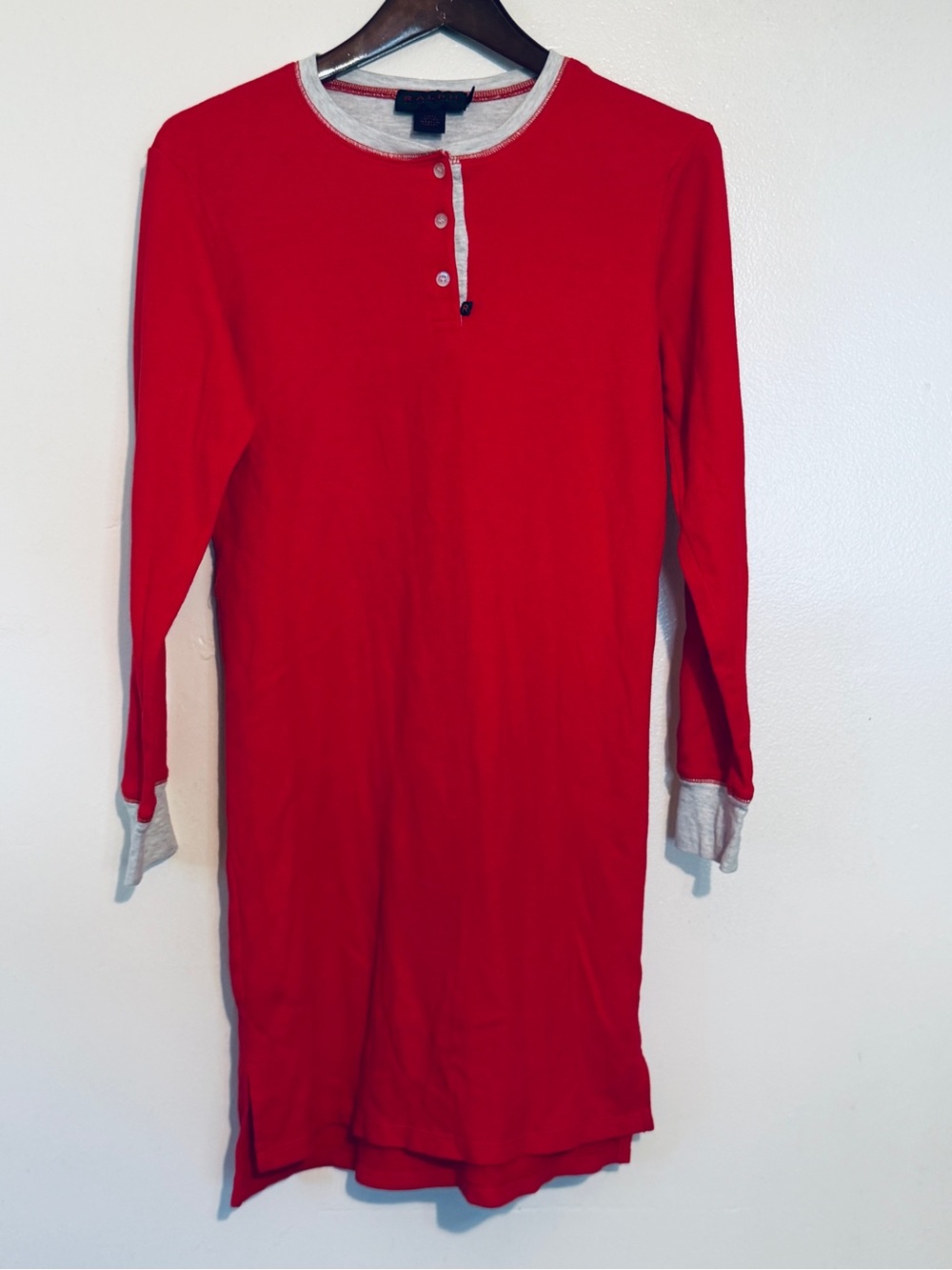 Ralph Lauren Red Long-Sleeve Henley Nightgown with Heather Trim 100% cotton